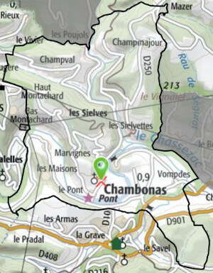 plan de la commune de Chambonas avec tous ses hameaux